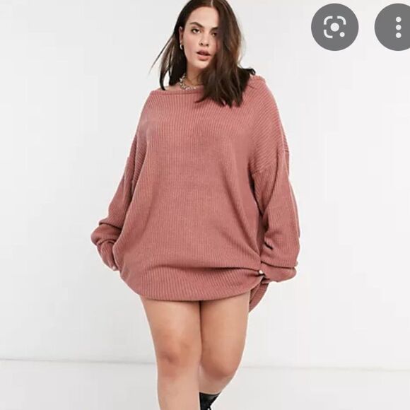 MISSGUIDED Plus Size Off Shoulder Jumper Dress Rose 14-16 Ribbed Chunky Knit NWT - Picture 1 of 8